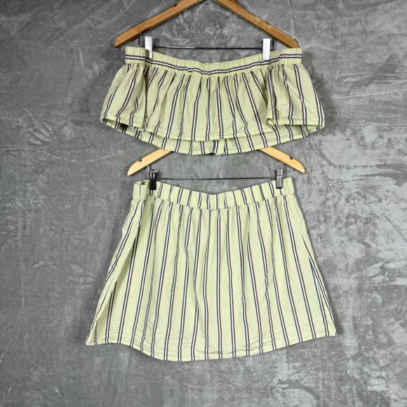 Anthropologie Strapless Crop Boxer Top and Skirt Set XL Green Striped Beachy - Picture 4 of 16